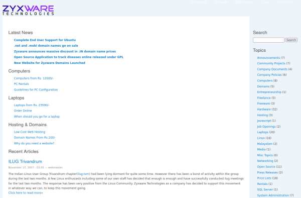 Screenshot of old www.zyxware.com -  in 2007
