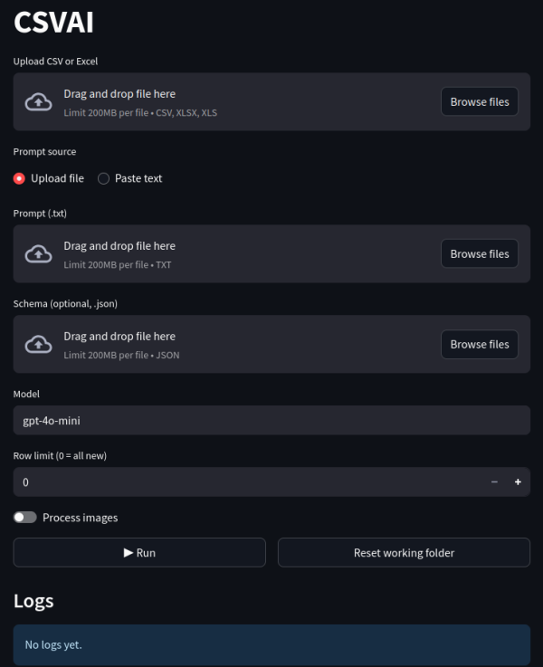 CSV AI UI with Image Analysis option